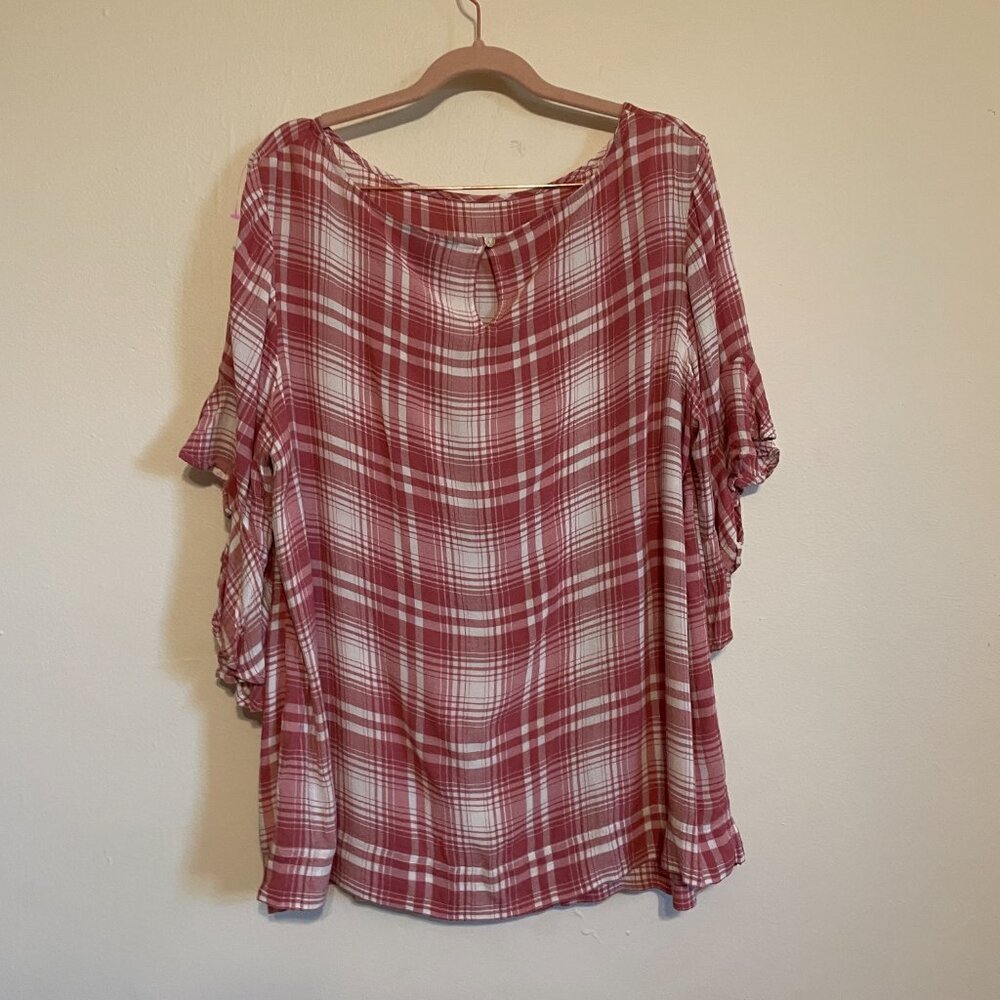 🔥 Chaps | Pink/White Plaid Bell-Sleeve Ruffled Blouse 1X - Picture 5 of 6